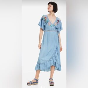 Desigual Embroidered Maxi Dress Light Blue Lyocell Tie Waist Size 44